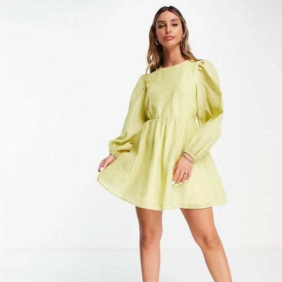 Ghospell A-Line Mini Dress with Puff Sleeve in Bright Yellow